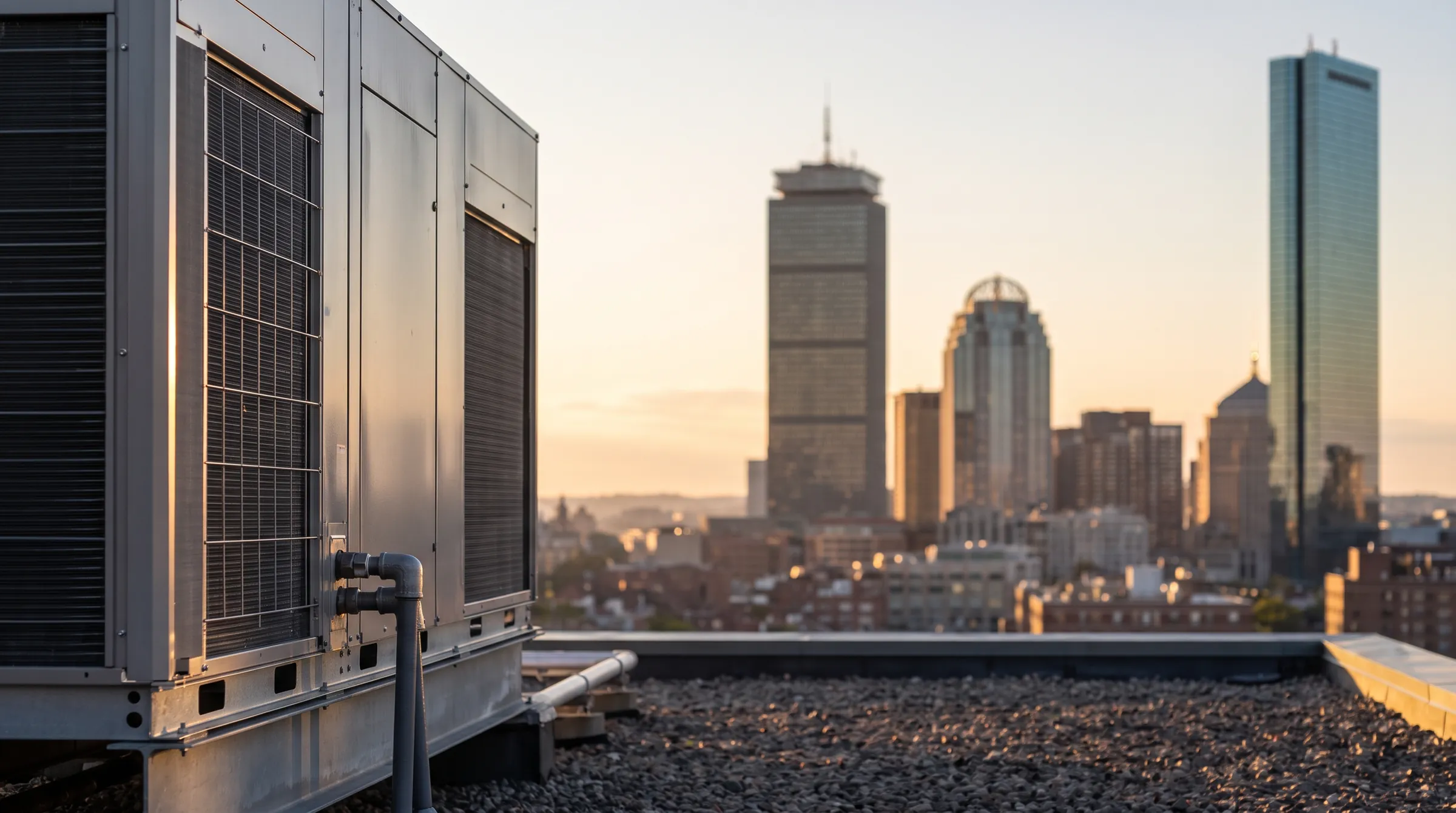 Commercial rooftop HVAC unit with the Boston skyline at sunset