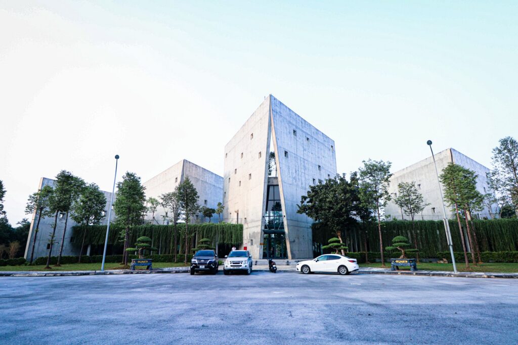 Modern building with landscaped grounds