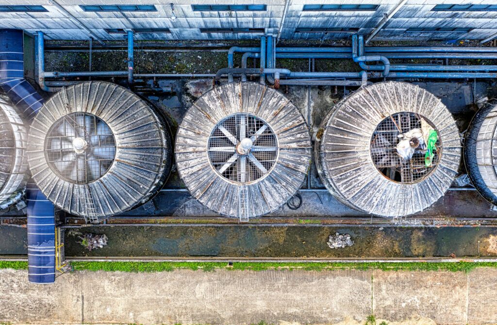 Cooling towers on an industrial building