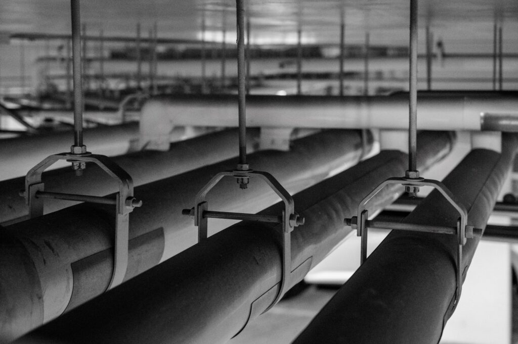Overhead piping in a mechanical space